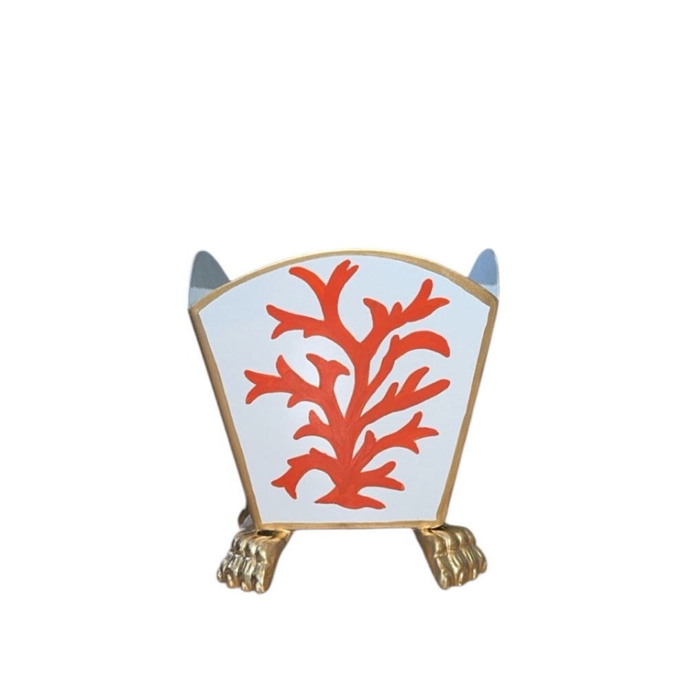NEW Dana Gibson Metal White & Orange Coral Small Cachepot